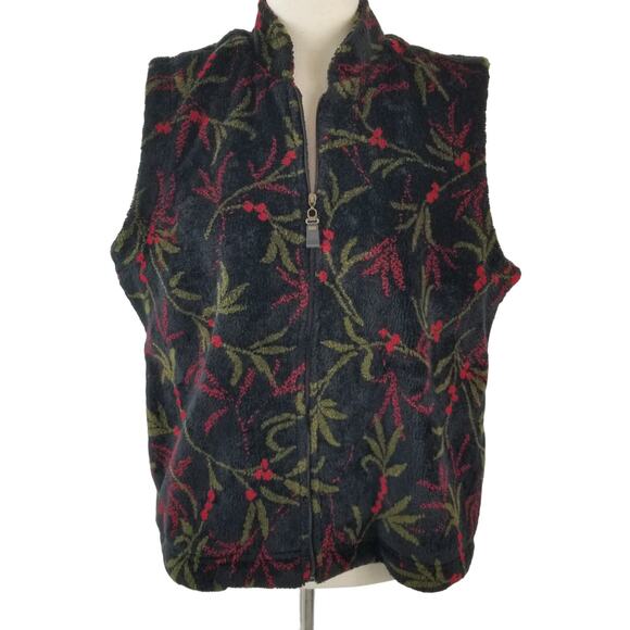 Bette & Court Green Red Black Mistletoe Christmas Fleece Vintage Vest Size Large - Picture 1 of 5